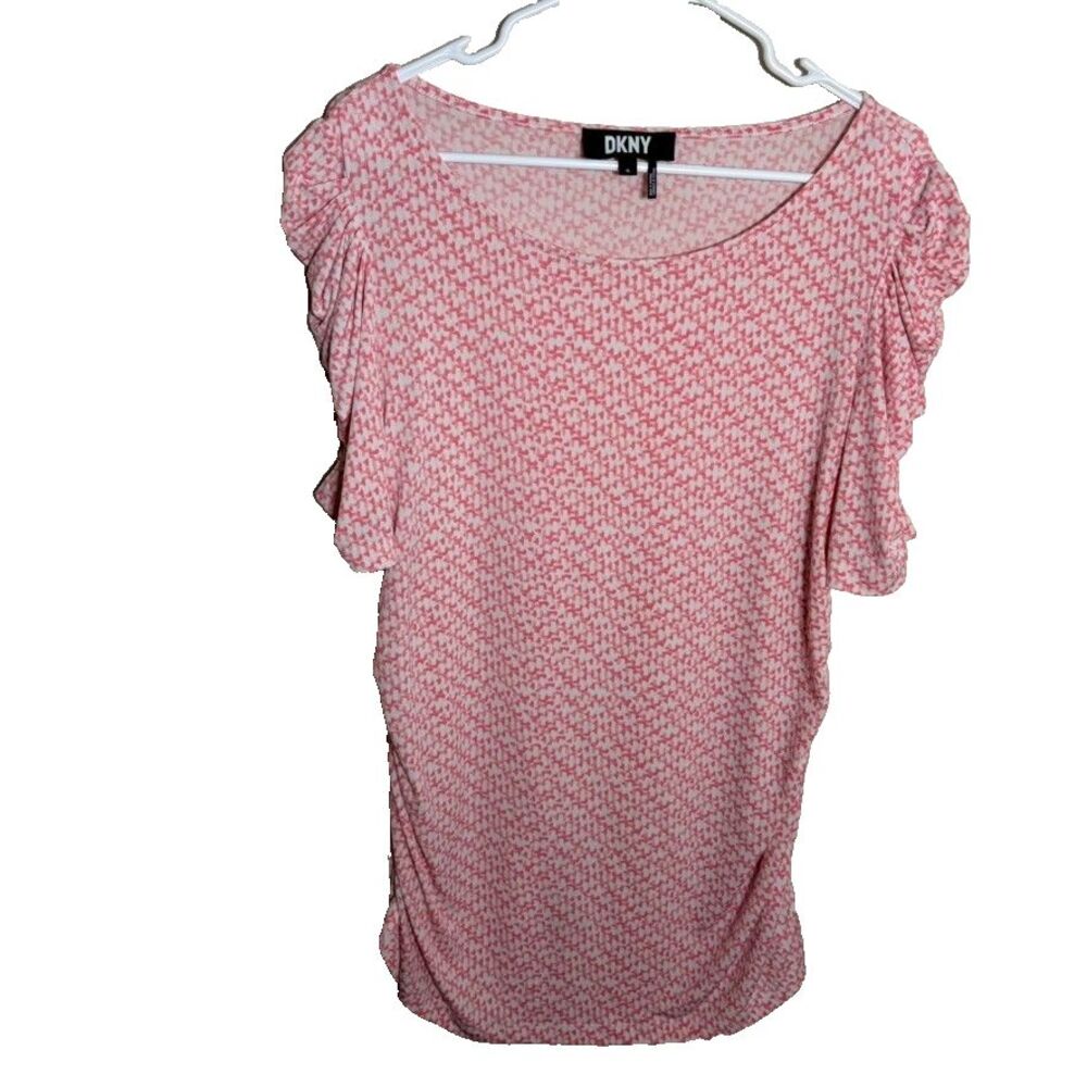 DKNY Blouse Women's XL Ruched Short Sleeve Round Neck Pink Career Top Shirt
